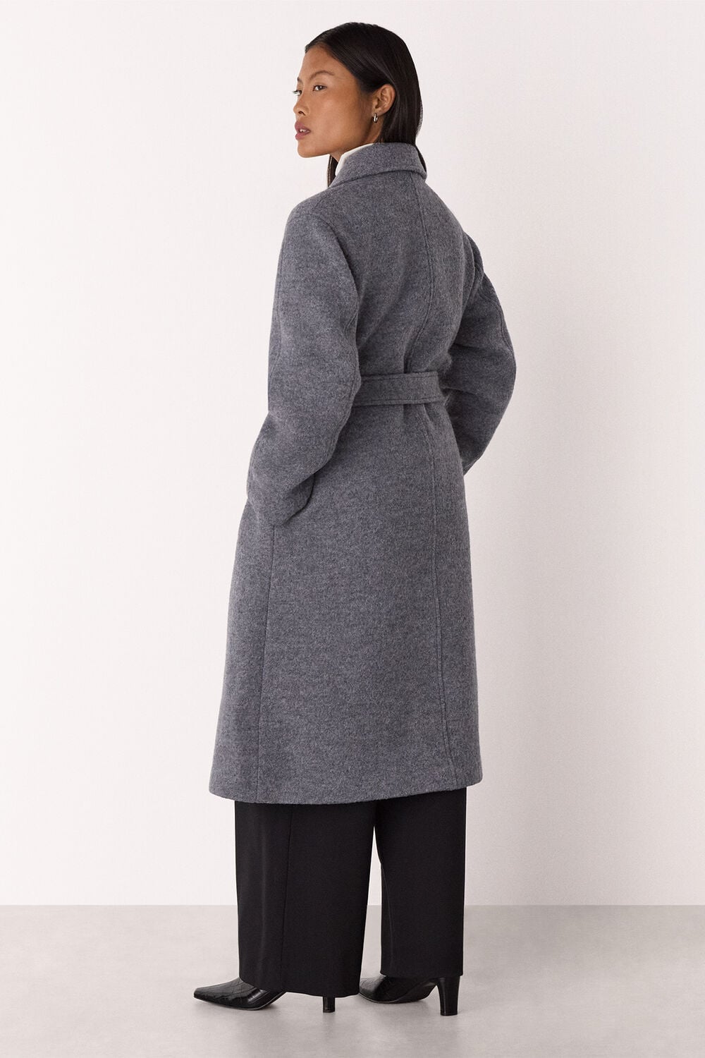 Grey Petite Long Belted Wool Coat